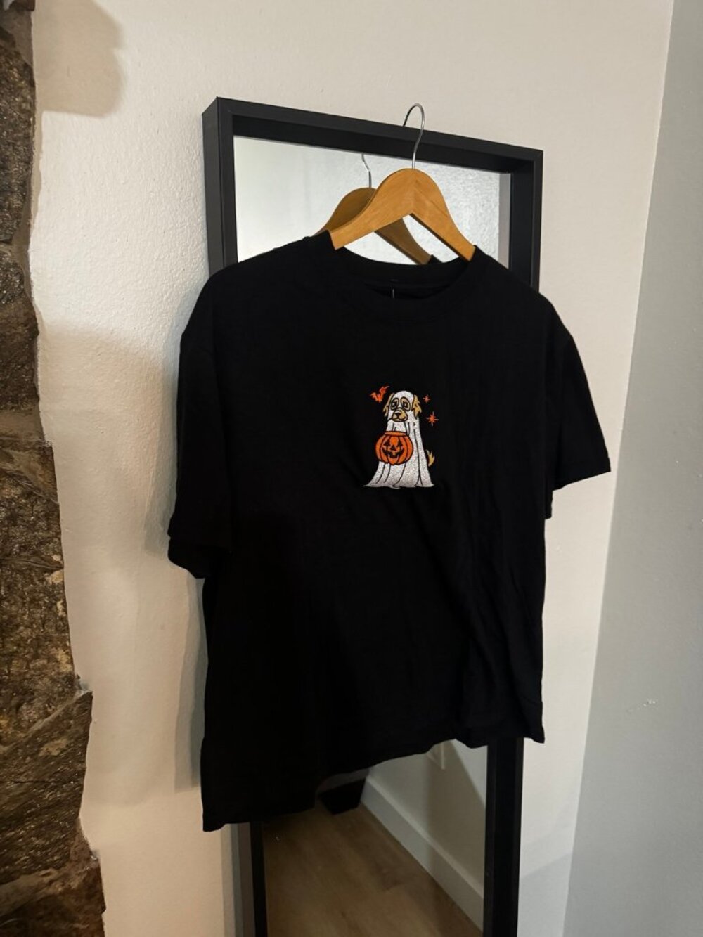 Black Halloween Ghost Dog Pumpkin T-Shirt Medium